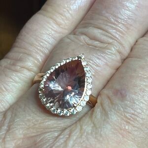 Pear-Shaped Pink Quartz Halo Ring - Rose Gold over 925 Sterling Silver Sz 9